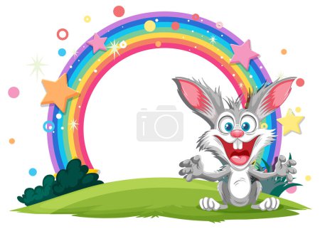 Illustration for Excited cartoon rabbit with a vibrant rainbow backdrop - Royalty Free Image