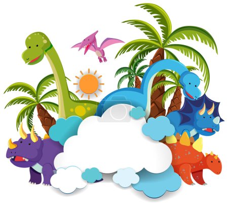 Téléchargez les illustrations : Dinosaures animés avec palmiers et nuages. - en licence libre de droit