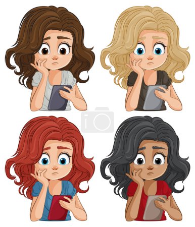 Ilustración de Cuatro mujeres ilustradas mostrando expresiones de preocupación - Imagen libre de derechos