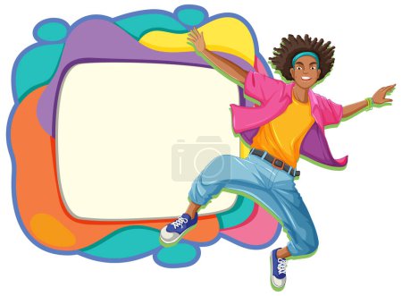 Animated person leaping near a vibrant blank frame