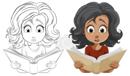 Ilustración de Dos chicas de dibujos animados con expresiones impactadas leyendo. - Imagen libre de derechos