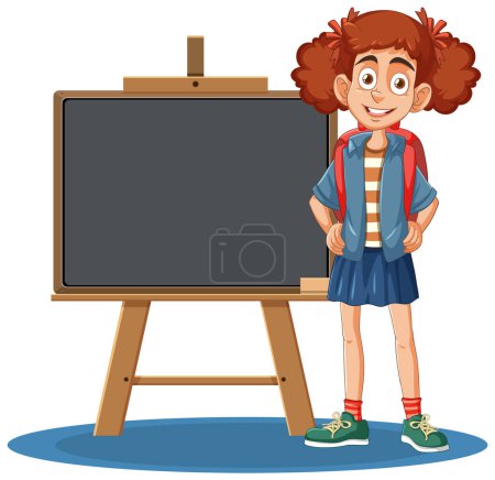 Cheerful girl standing next to an empty blackboard