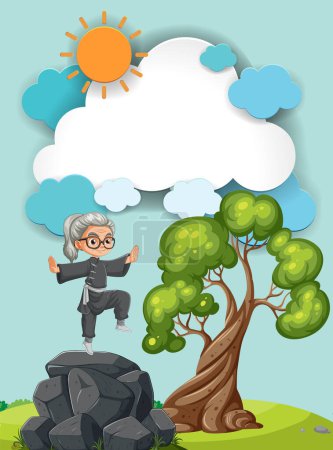 Cartoon grandma jumping joyfully near a tree