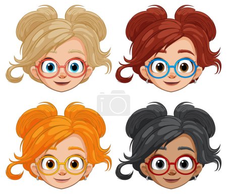 Four illustrated women with glasses and different hairstyles.