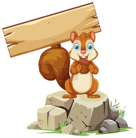 Téléchargez les illustrations : Écureuil dessin animé tenant un panneau en bois sur un rocher. - en licence libre de droit