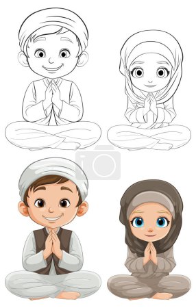 Ilustración vectorial de niños y niñas rezando