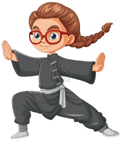 Ilustración de Chica de dibujos animados practicando la postura de las artes marciales. - Imagen libre de derechos