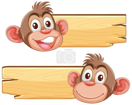 Téléchargez les illustrations : Deux singes de bande dessinée regardant derrière des planches en bois. - en licence libre de droit