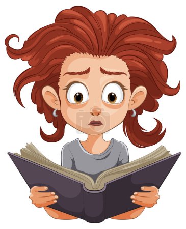 Illustration for Young girl with wide eyes reading a book - Royalty Free Image