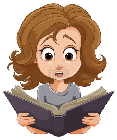 Illustration for Cartoon of a girl with wide eyes reading intently - Royalty Free Image