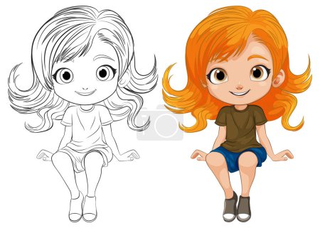Ilustración vectorial de una niña, antes y después de colorear.