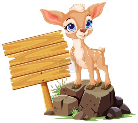 Téléchargez les illustrations : Adorable jeune cerf debout à côté d'un panneau indicateur. - en licence libre de droit
