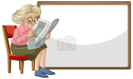 Ilustración de Dibujos animados de una mujer mayor leyendo un papel sentado. - Imagen libre de derechos