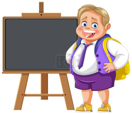 Illustration for Cheerful boy with backpack standing by chalkboard - Royalty Free Image