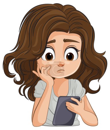 Téléchargez les illustrations : Caricature d'une fille réfléchie tenant un téléphone portable - en licence libre de droit