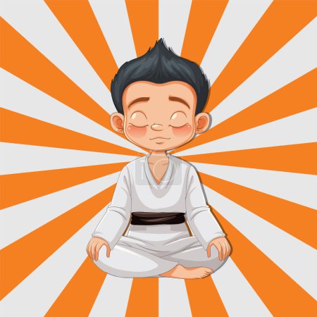 Ilustración de Niño de dibujos animados meditando en traje de karate - Imagen libre de derechos