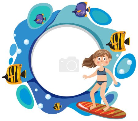 Ilustración de Chica surfeando rodeada por un marco con temática de peces - Imagen libre de derechos