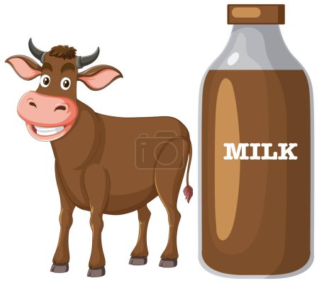 Vaca de dibujos animados junto a una botella de leche grande