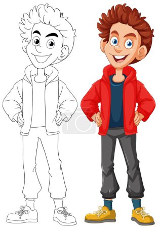 Colorful vector of a smiling boy, before and after coloring
