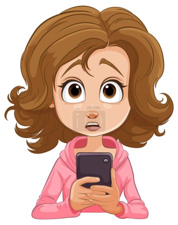 Téléchargez les illustrations : Caricature d'une fille choquée par son téléphone - en licence libre de droit