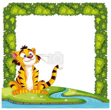 Illustration for Vector illustration of a happy tiger surrounded by foliage. - Royalty Free Image