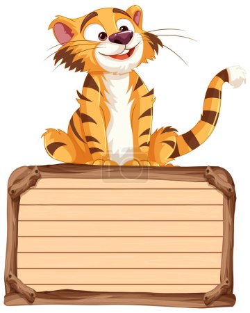 Smiling tiger cartoon sitting behind a signboard.