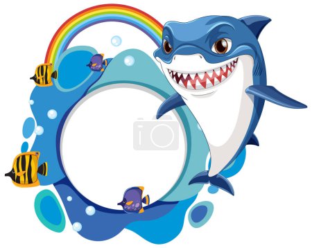 Téléchargez les illustrations : Illustration vectorielle d'un requin aux poissons tropicaux et arc-en-ciel. - en licence libre de droit