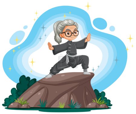 Mujer anciana animada realizando tai chi sobre una roca