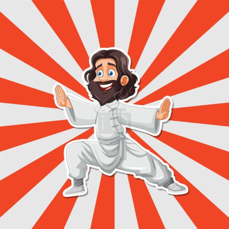 Cartoon martial artist performing with a dynamic background.
