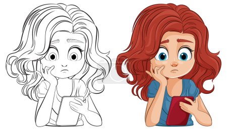 Téléchargez les illustrations : Vecteur coloré d'une fille regardant anxieux avec le téléphone - en licence libre de droit