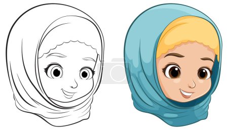 Illustration for Colorful and outlined versions of a cheerful girl - Royalty Free Image