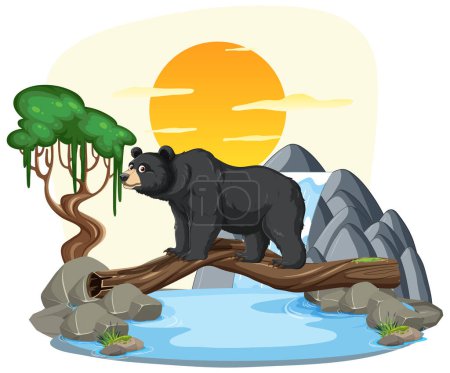 Téléchargez les illustrations : Illustration d'un ours marchant sur un pont en rondins - en licence libre de droit