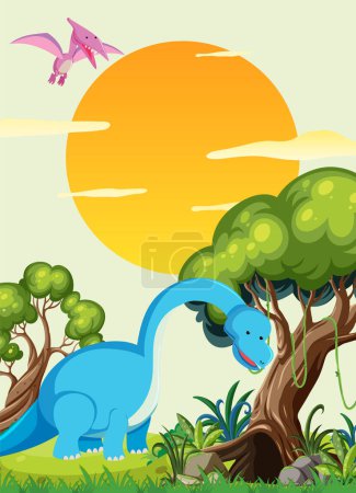 Colorful dinosaurs in a sunny prehistoric setting.
