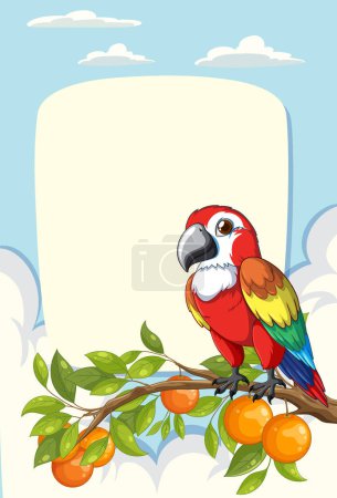 Lebendiger Papagei auf einem Zweig mit Orangen