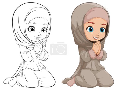 Ilustración de Versiones coloridas y esbozadas de una niña rezando - Imagen libre de derechos