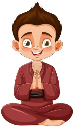 Illustration for Cartoon boy meditating with a thankful gesture - Royalty Free Image