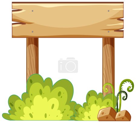 Ilustración de Cartel de madera de dibujos animados entre exuberante vegetación - Imagen libre de derechos