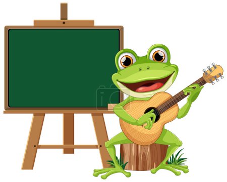 Cartoon frog playing guitar beside a blank blackboard
