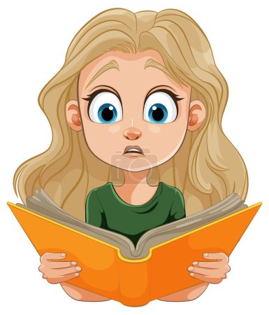 Ilustración de Chica de ojos anchos absorto en un libro naranja - Imagen libre de derechos