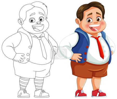 Illustration for Colorful and outlined versions of a happy schoolboy - Royalty Free Image