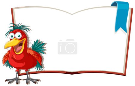 Un perroquet vibrant présentant un livre d'histoires vide