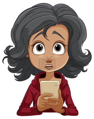 Téléchargez les illustrations : Dessin animé d'une fille aux yeux larges tenant un téléphone - en licence libre de droit