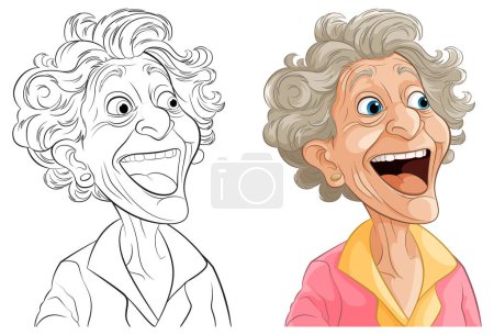 Ilustración de Colorido y arte de línea de una señora mayor feliz. - Imagen libre de derechos