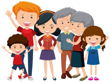 Ilustración vectorial de una alegre familia multigeneracional