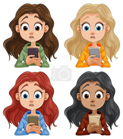 Téléchargez les illustrations : Quatre filles de bande dessinée axées sur leurs téléphones mobiles - en licence libre de droit