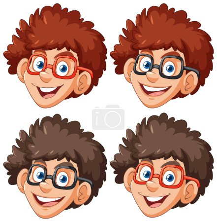 Téléchargez les illustrations : Quatre expressions différentes d'un jeune garçon heureux - en licence libre de droit