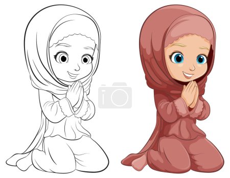 Illustration for Colorful and outlined versions of a praying girl - Royalty Free Image