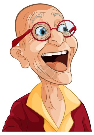 Cheerful cartoon senior with bright red glasses