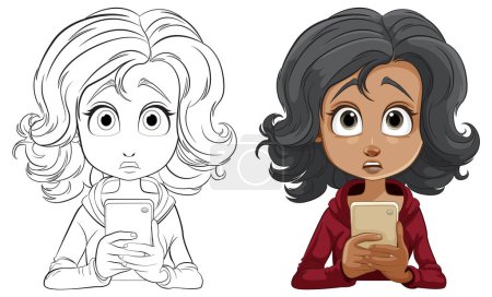 Ilustración de Dos chicas de dibujos animados con expresiones impactadas sosteniendo teléfonos - Imagen libre de derechos