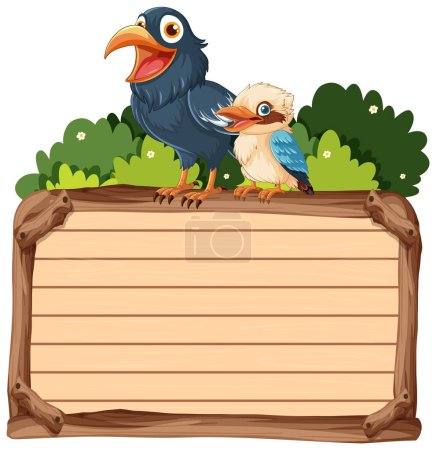Téléchargez les illustrations : Deux oiseaux de dessin animé perchés sur un panneau vierge. - en licence libre de droit
